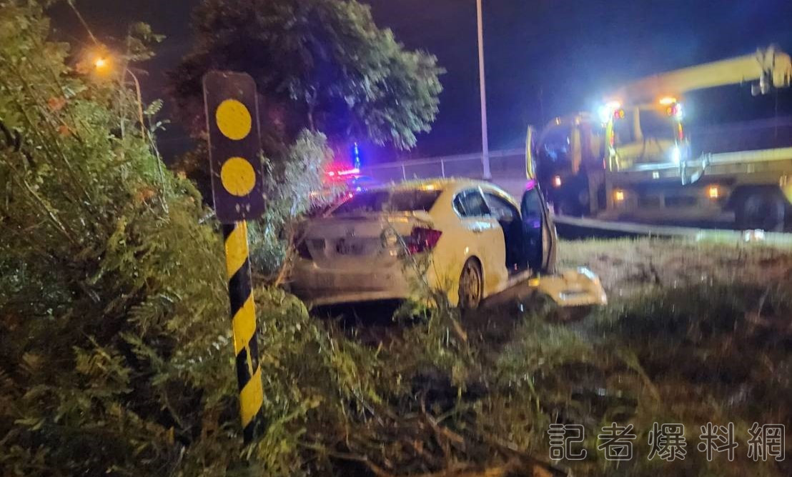 ▲林男駕車撞匝道分向桿後衝入分隔島草叢。（圖／記者金東天翻攝，下同）